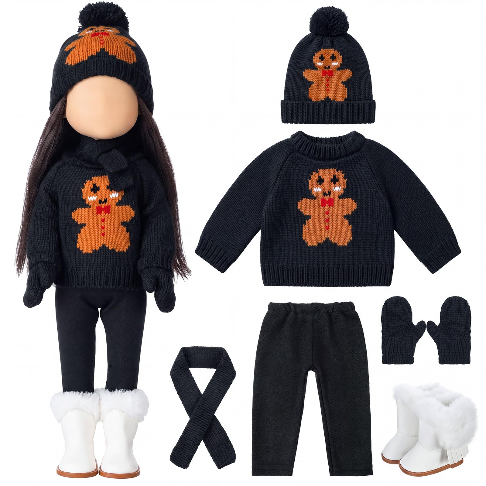Fourluoo 6 Pcs 18" Christmas Doll Clothes, Black, Gingerbread