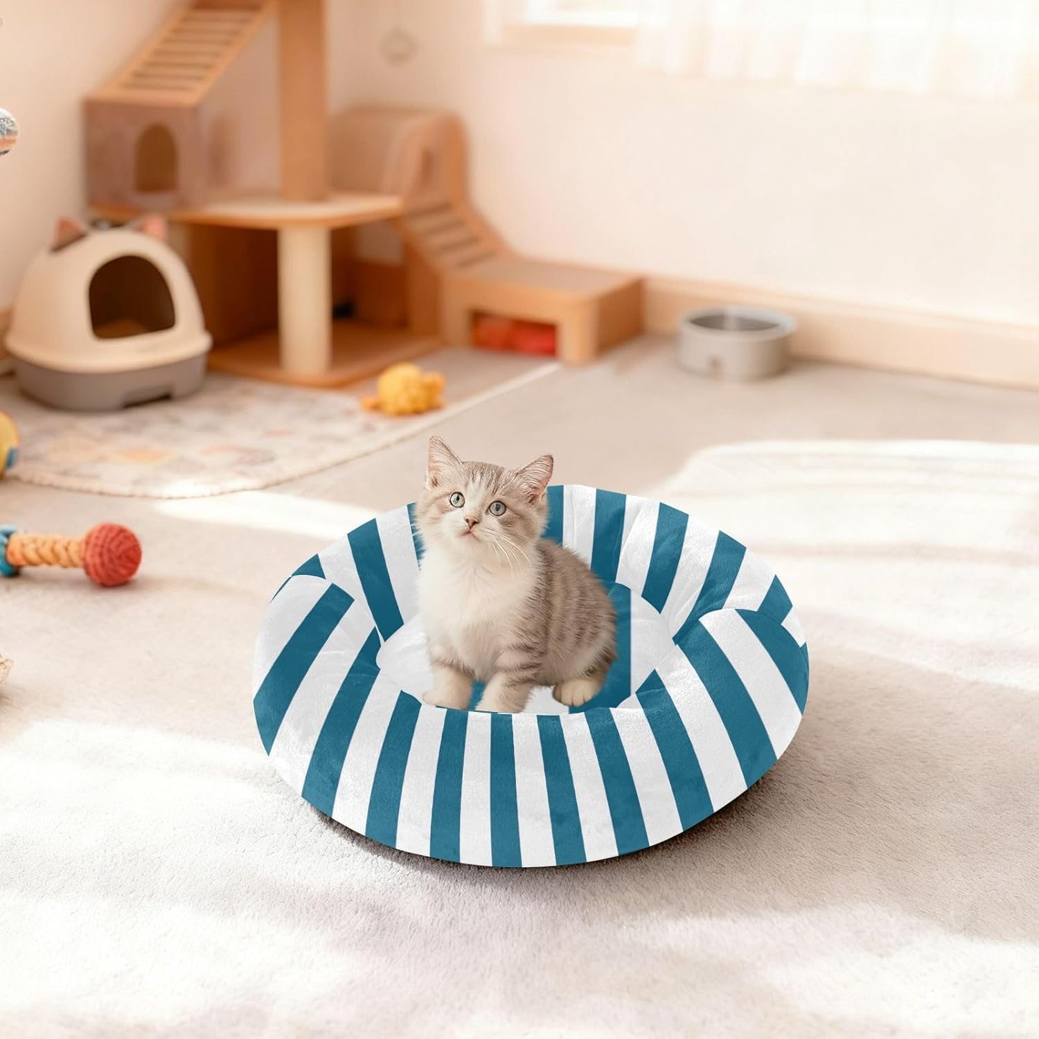 Dog Bed Ultra Soft Fluffy Comfortable Cat Bed, Navy Blue White Stripes Washable Dog Beds Anti-Slip Round Pet Beds for Medium Dogs