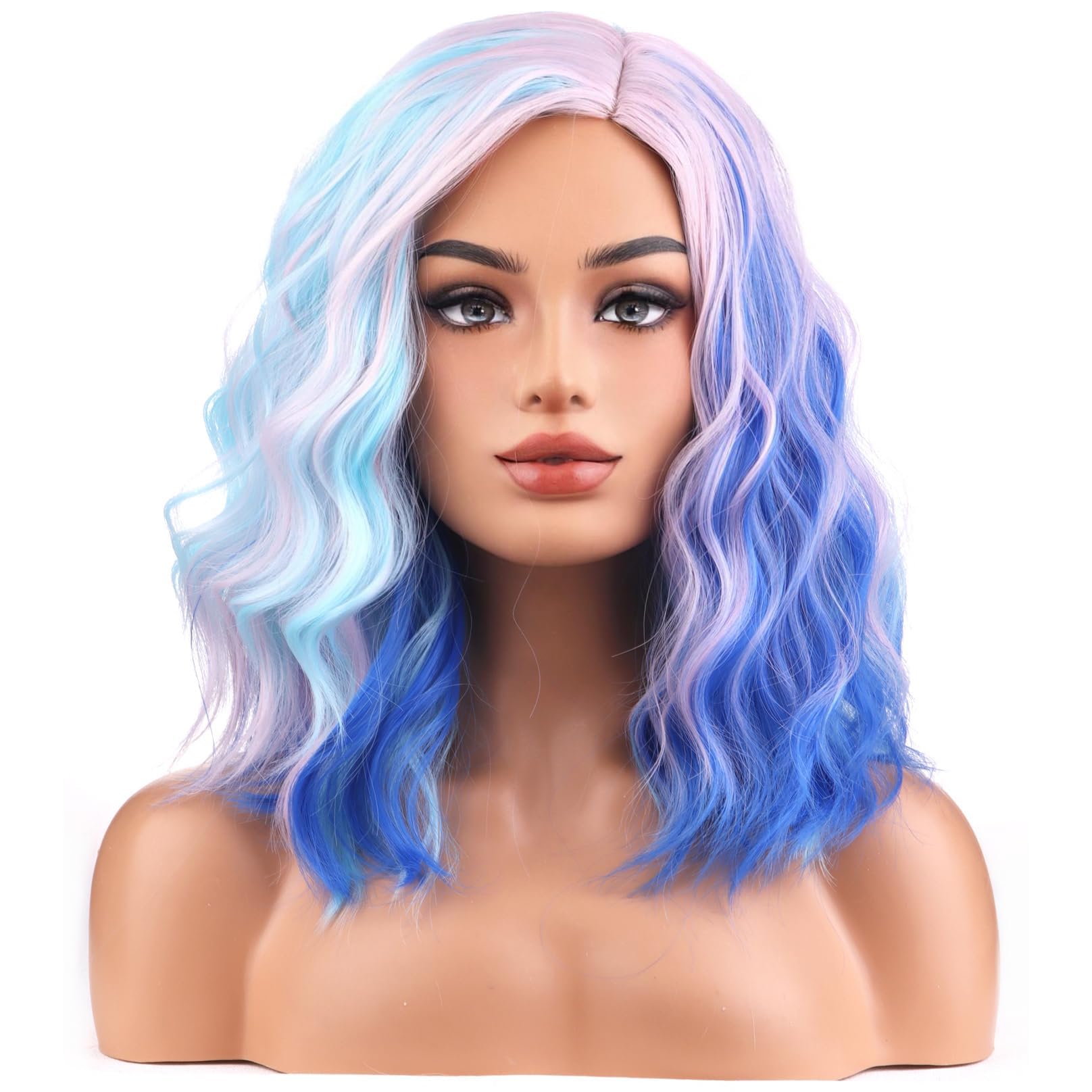 BERON Pink and Blue Wigs for Womens Short Curly Wavy Wig Girls Colorful Side Part Wigs Shoulder Length Heat Resistant Synthetic Cosplay Party or Daily Use Wigs