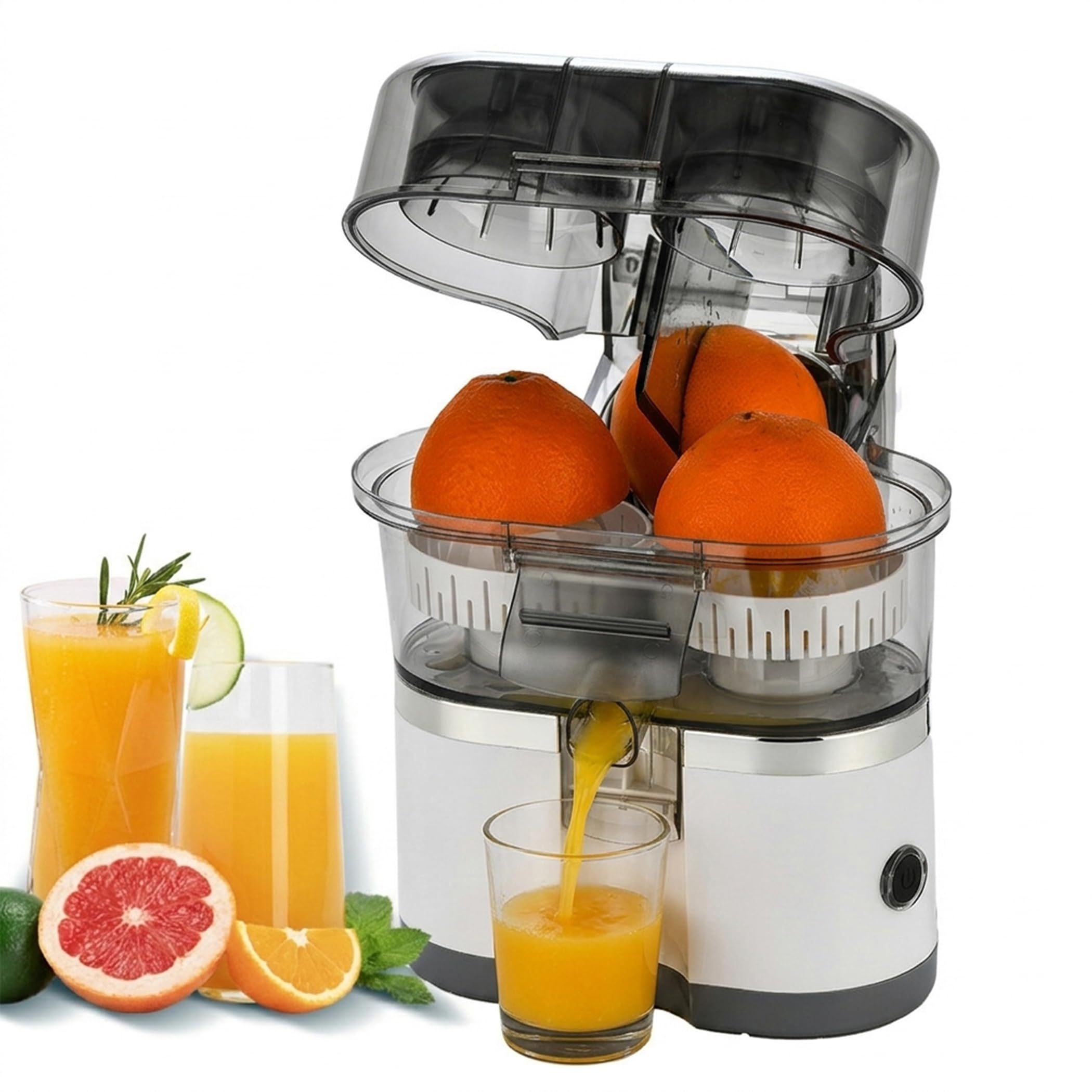 Orange Juicer Electric - Electric Citrus Juicer, Dual-Head, Built-In Cutter & Detachable (White)