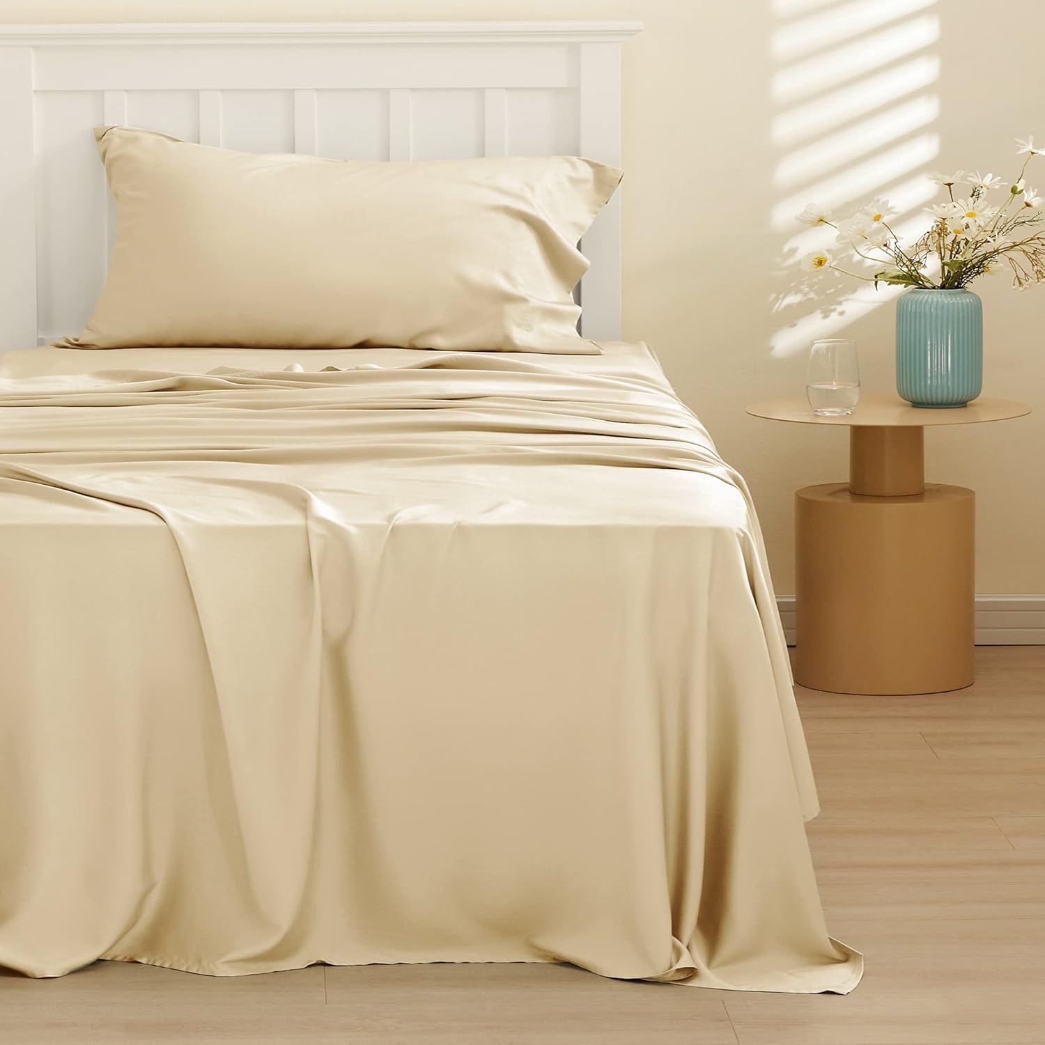 Bedsure Cooling Sheets Twin, Rayon Derived from Bamboo, PureWoven, Breathable & Soft Twin Sheets Set, Deep Pocket Up to 16 Inches, Hotel Luxury Silky Bedding for Hot Sleepers, Alabaster Gleam thumbnail