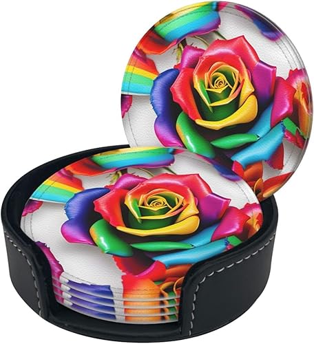 Miniatura 2 de Rainbow Rose Flower Leather Coasters for Drinks Set of 6 for Tabletop Protection, Elegant Home Decor & Housewarming Gift