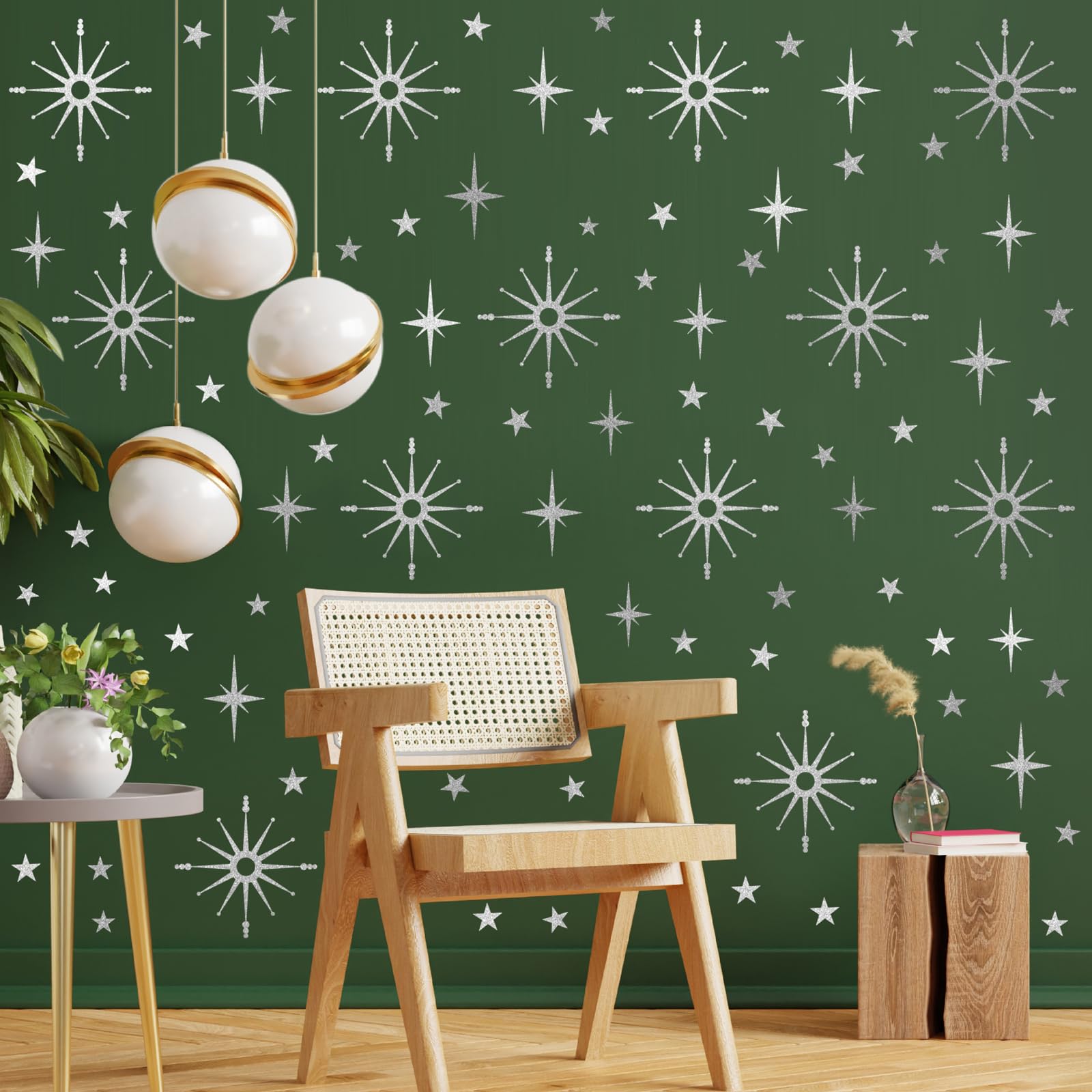 Silver Star Wall Stickers Retro Starburst Wall Decals Peel and Stick for Bedroom Living Room Decor Ceiling Stars Atomic Mid Century Wall Art Murals Modern Viny Wall Decal for Nursery Kids Room - Image 2