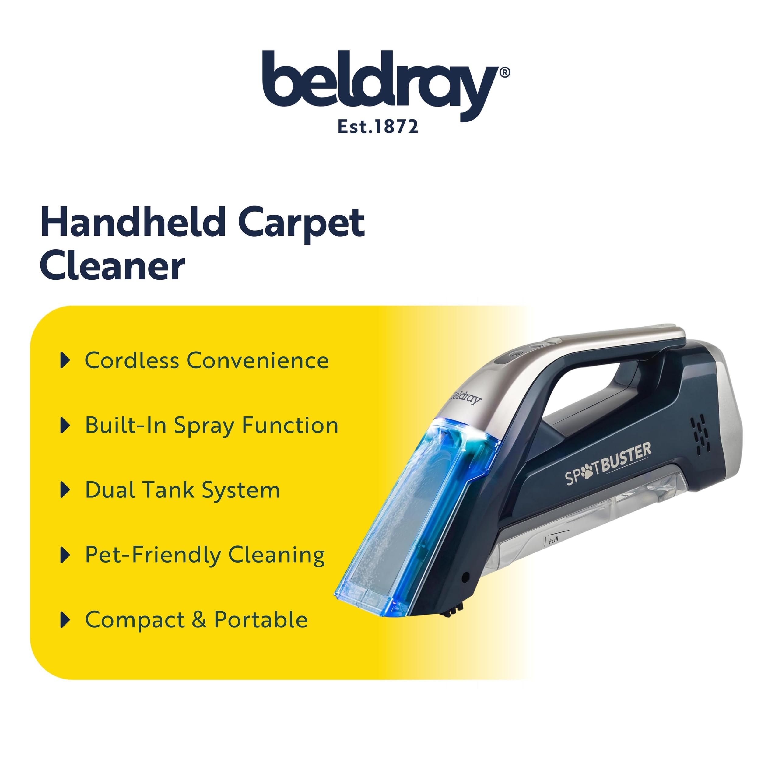 Beldray BEL01624 Cordless Spot Buster - Handheld Carpet Cleaner, 110ML Detergent Tank, Lift & Clean Up After Pets, Spills,7.4V, Built-In Spray Function & Scrubbing Brush, Dual Tank Filters Dirty Water