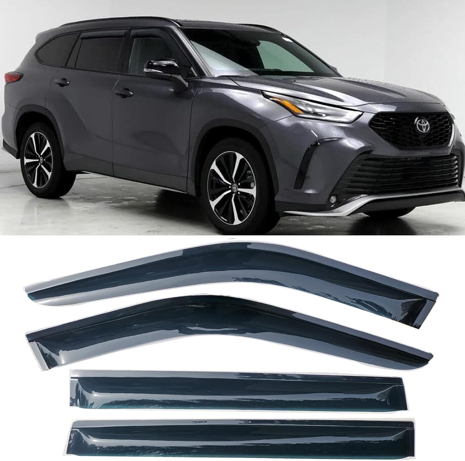 94739 window visors rain guards tape-on side vent deflectors compatible with toyota highlander 2020-2025,sun shade 2020 2021 2022 2023 2024 2025 4-pieces set 2020-2024 highlander
