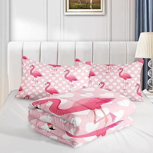 Miniatura 6 de XYNHML Juego de edredón de flamenco, tamaño matrimonial, diseño de corazón de flamenco, rosa tropical, juego de ropa de cama acolchado Kawaii para