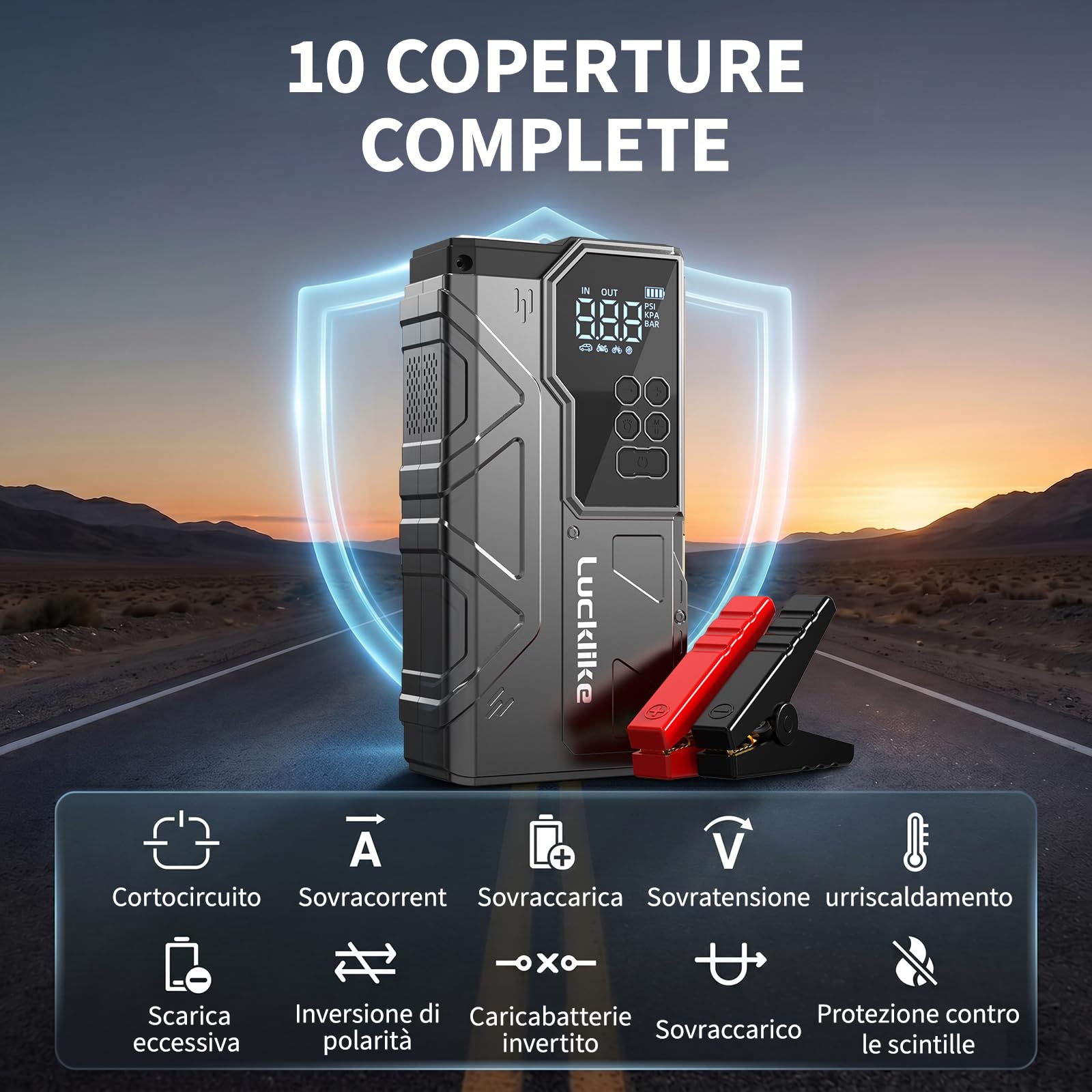 Lucklike Avviatore Batteria Auto con Compressore 150 PSI, 21800mAh Avviatore Batteria Macchina, 12V Avviatore Emergenza per Auto (ALL Gas 12,0L Diesel) Emergenza Jump Starter con LED Torcia, USB, LCD