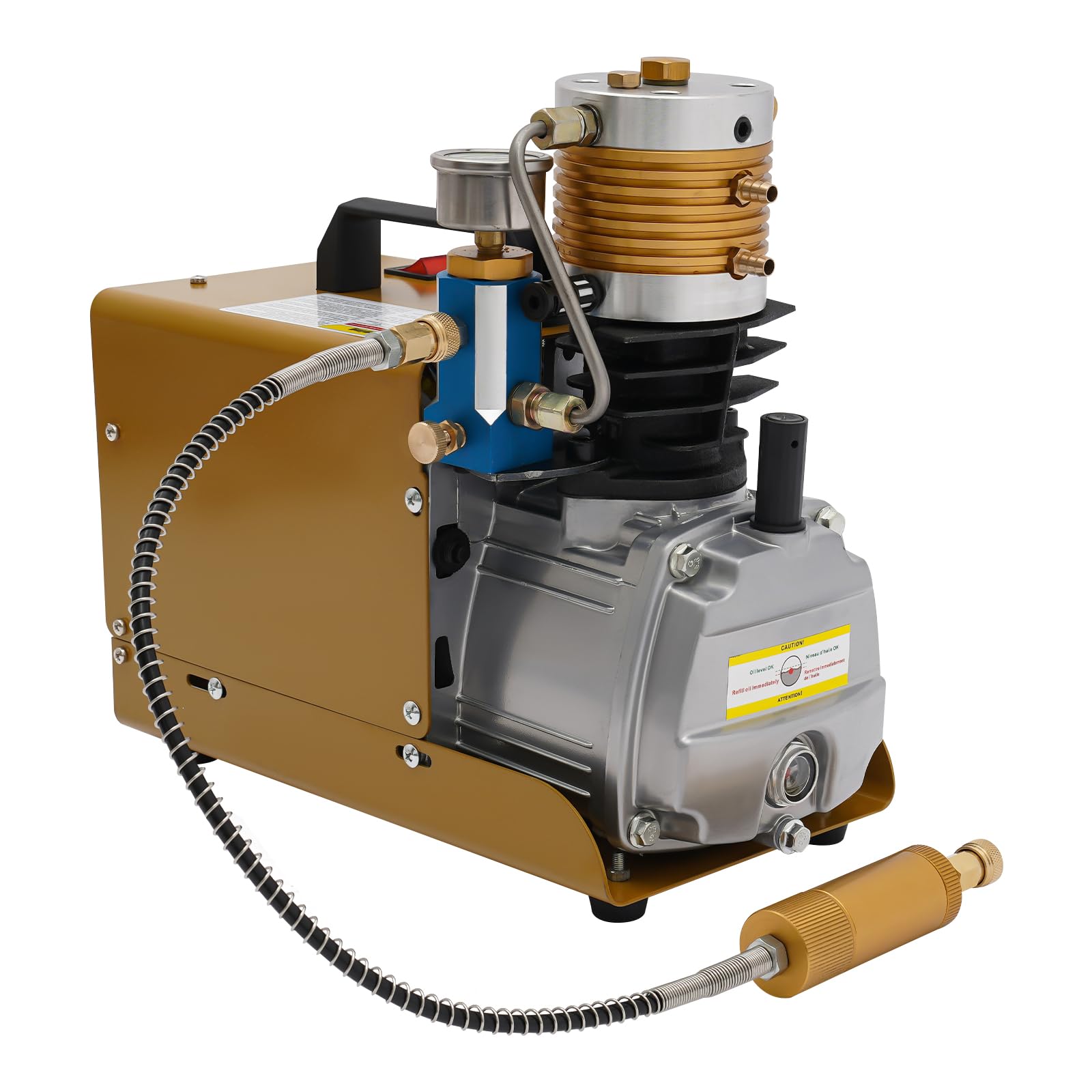 Pompa compressore d'aria ad alta pressione 1800 W 300 Bar PCP Compressore con raffreddamento ad acqua + raffreddamento ad aria, 100 L/min per fucile ad aria compressa paintball automobilistico, oro