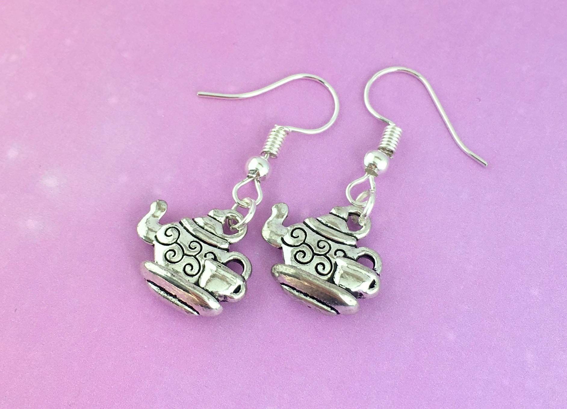 Teapot Earrings sterling silver or plated hooks long drop and dangle