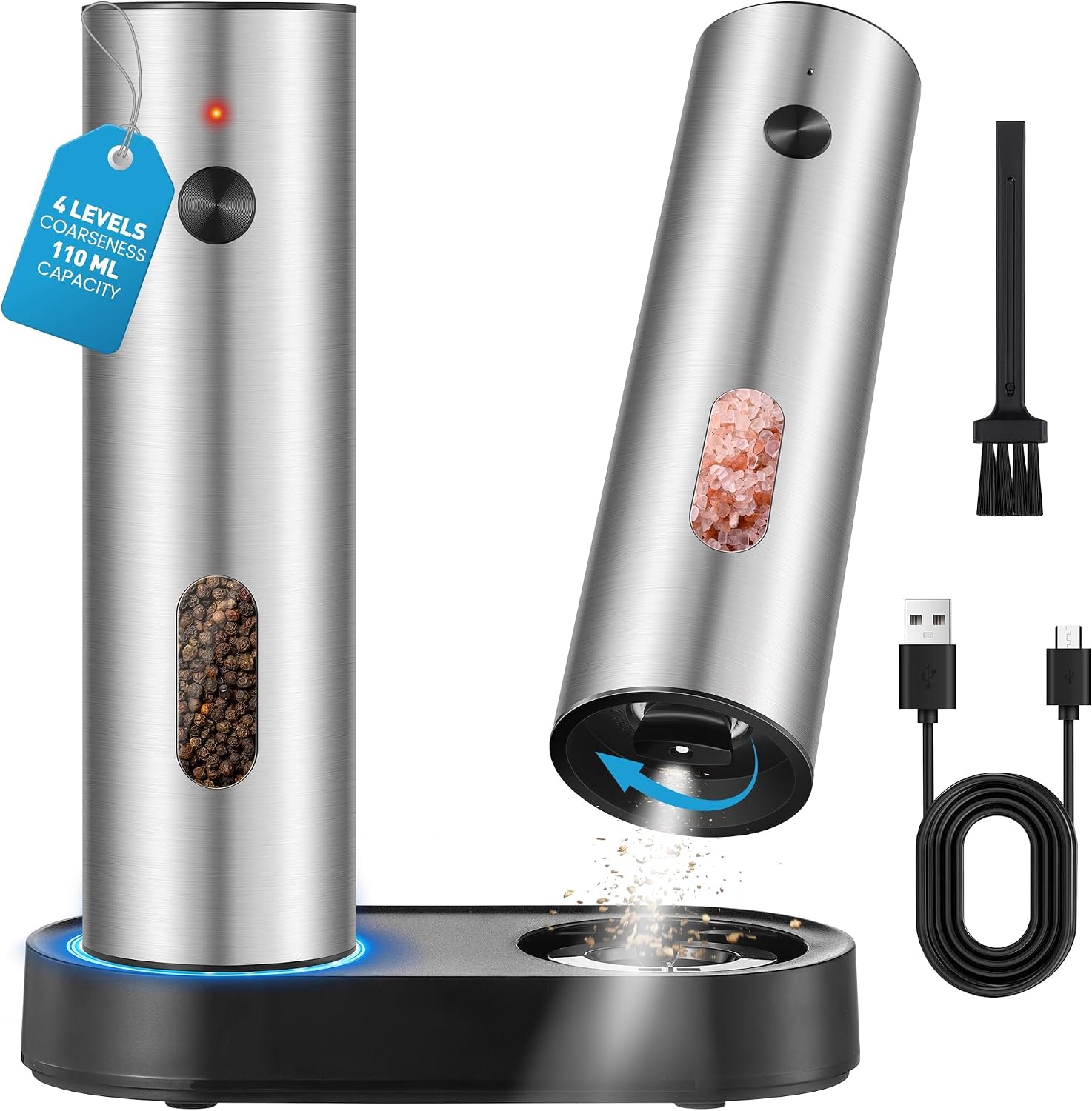 Electric Salt and Pepper Grinder Set, 110 ml Rechargeable Automatic Salt and Pepper Shakers with Adjustable Coarseness Charging Base LED Light Ceramic Grinder Core for Kitchen Outdoor Gift