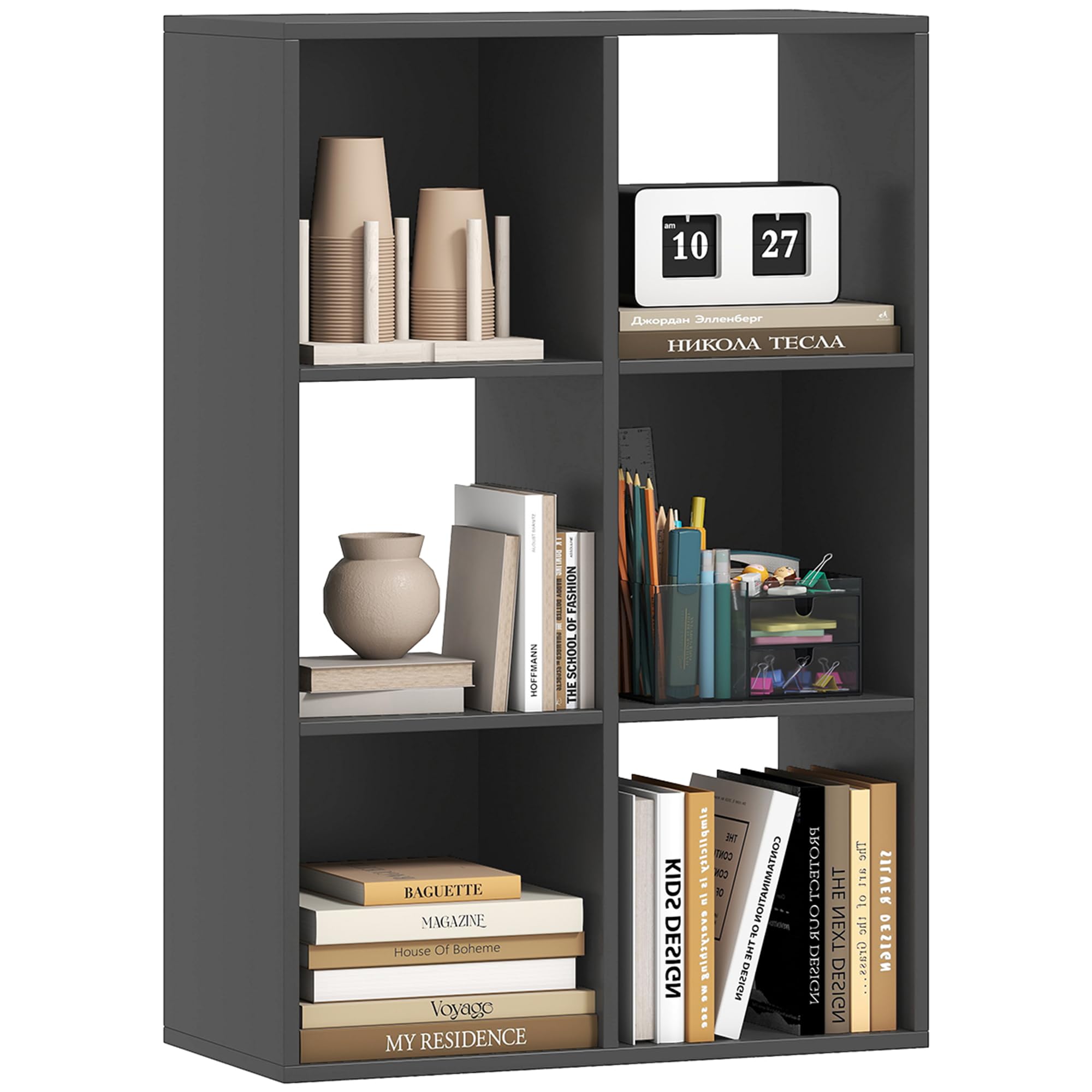 HOMCOM 6-Cube Bookshelf, Modern Freestanding 3-Tier Bookcase, Display Shelving Unit for Living Room, Bedroom, Home Office, Study, Black