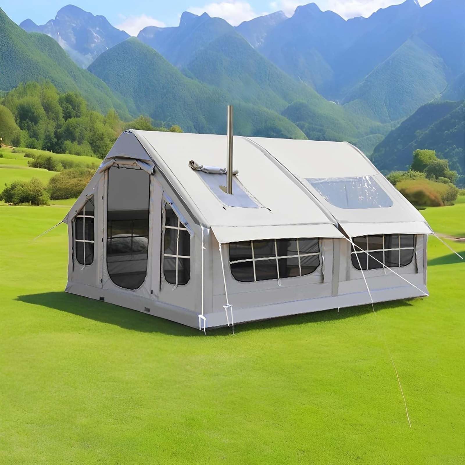 Tenda da campeggio gonfiabile per 6-8 persone con pompa ad aria manuale, finestre e porte in rete, foro per cric per stufa, installazione rapida per avventure all'aperto