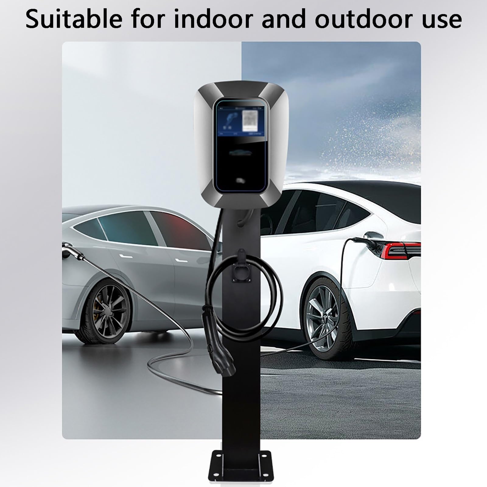 Borne de Recharge sur Socle pour Véhicule Électrique, Pied de Borne Recharge avec Crochet, Installation Flexible, Finition Galvanisée et Peinte, Résiste Facilement aux Intempéries