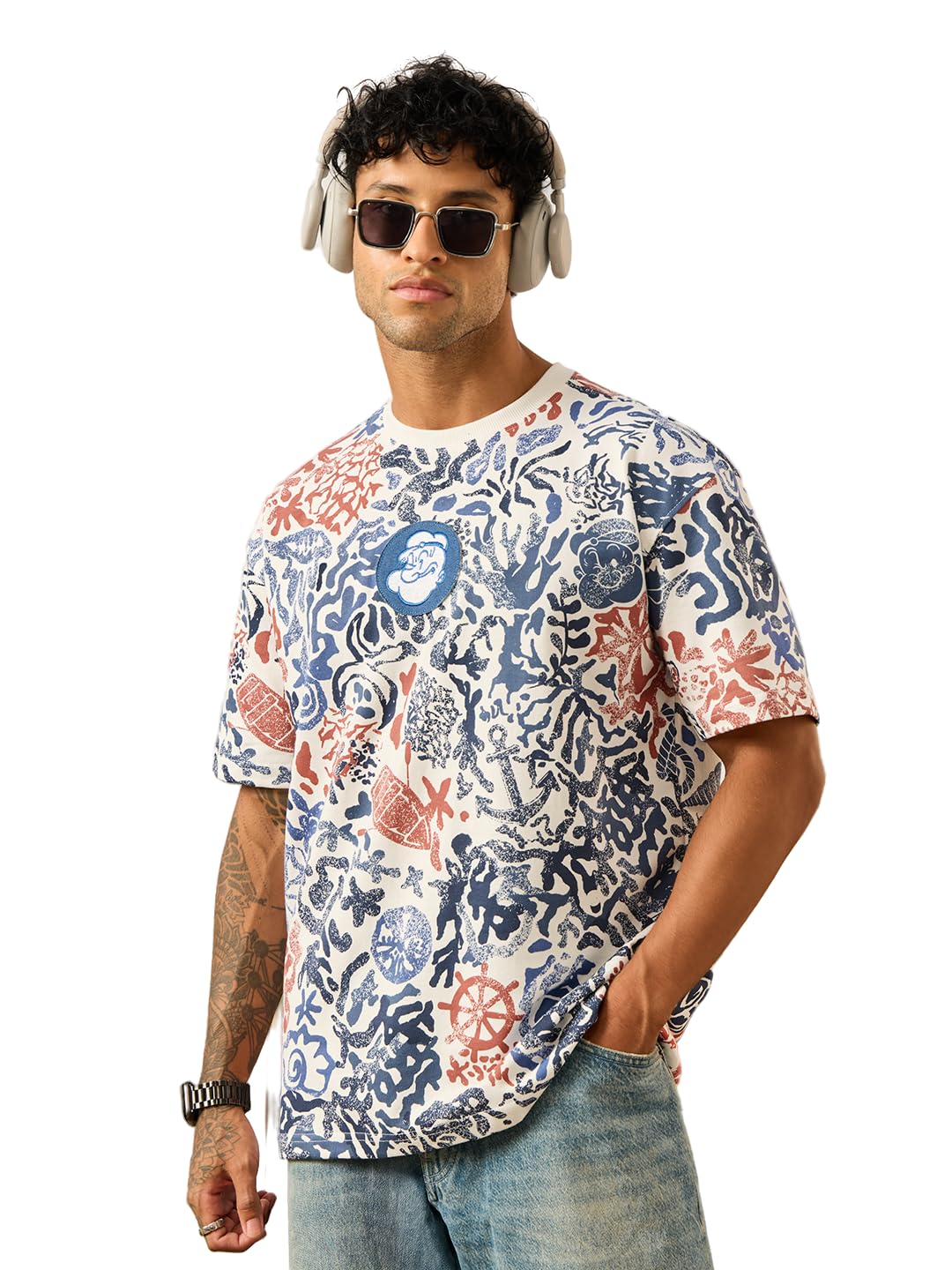 the souled store Popeye: Batik Men and Boys Short Sleeve Round Neck White All Over Printed Cotton Oversized Fit Character Streetwear Comfortable Trendy Fashion Daily T-Shirts-picture-51