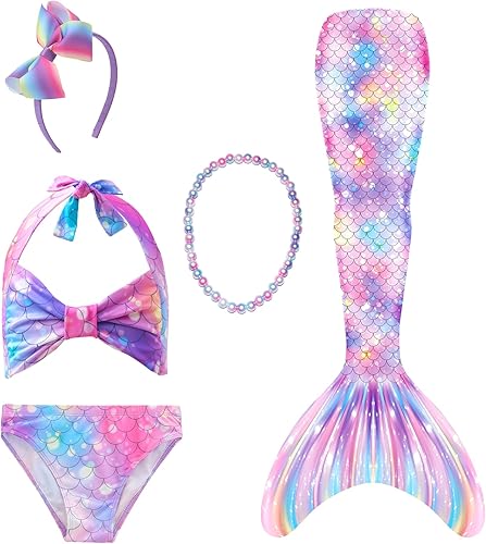 5 colas de sirena para natación para niñas y niños, cola de sirena, bikini de princesa Sweable para regalo de niños con diadema y collar