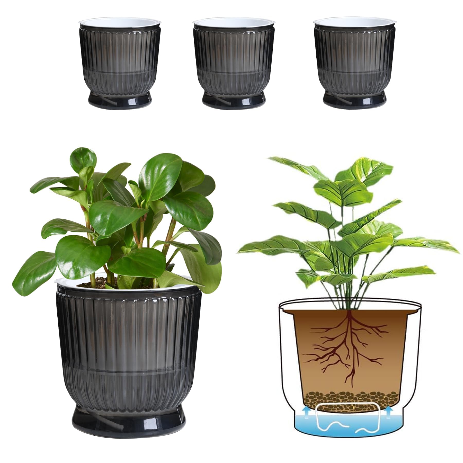 T4U 6 Inch Self Watering Pots for Indoor Plants, 4 Pack Self Watering Planter, Self Watering Pot with Reservoir, Small Self Watering Pots for Plants, African Violets (4 Pack, 6", Translucent Gray)