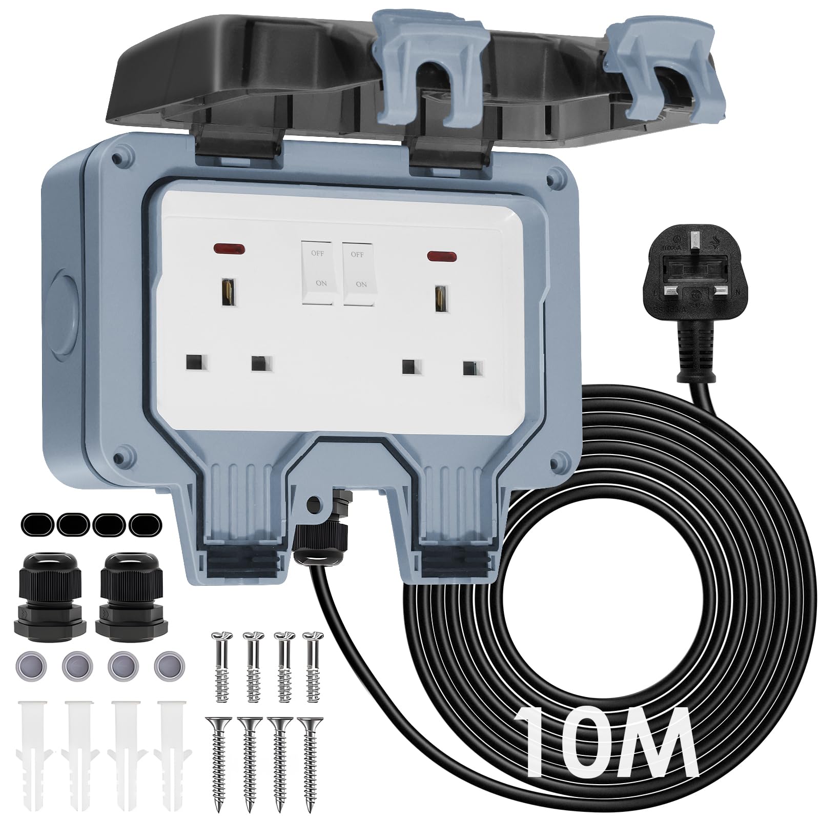 BSEED 10M Cable Outdoor Double Socket IP66 Waterproof 13Amp, Weatherproof Outdoor Double Switched Power Wall Socket with LED Indicator, for Garden, Patio, Yard, RV, Camping, Grey
