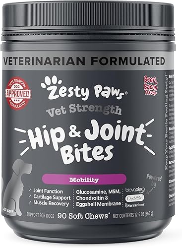 Zesty Paws Vet Strength Mobility Bites - Masticables de apoyo para la cadera y las articulaciones para perros con glucosamina, condroitina, MSM,