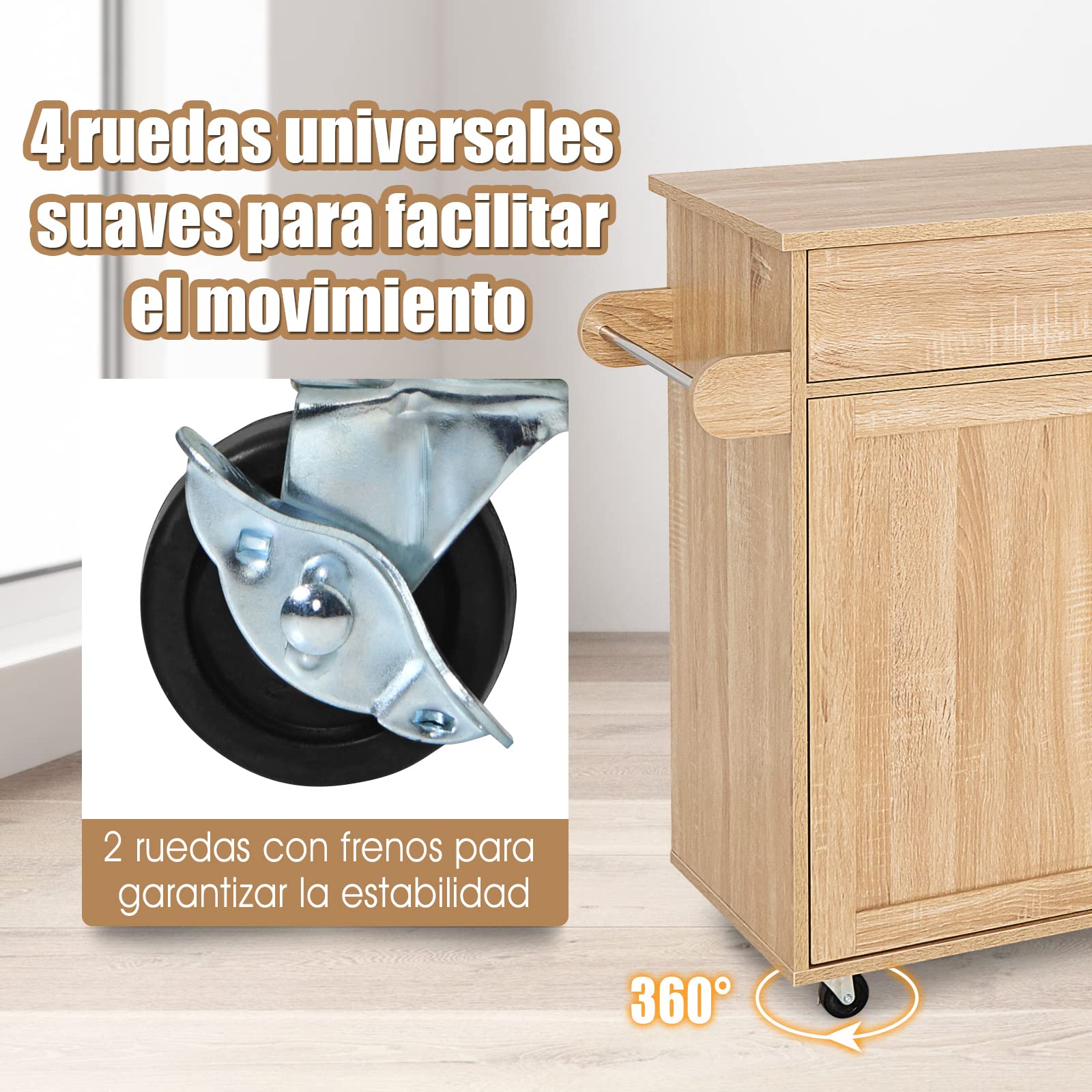COSTWAY Carrito de Cocina Carro de Servicio Comedor con Ruedas,Toallero,Cajón, Puerta y Estantes Gabinete Mueble de Cocina (Natural)