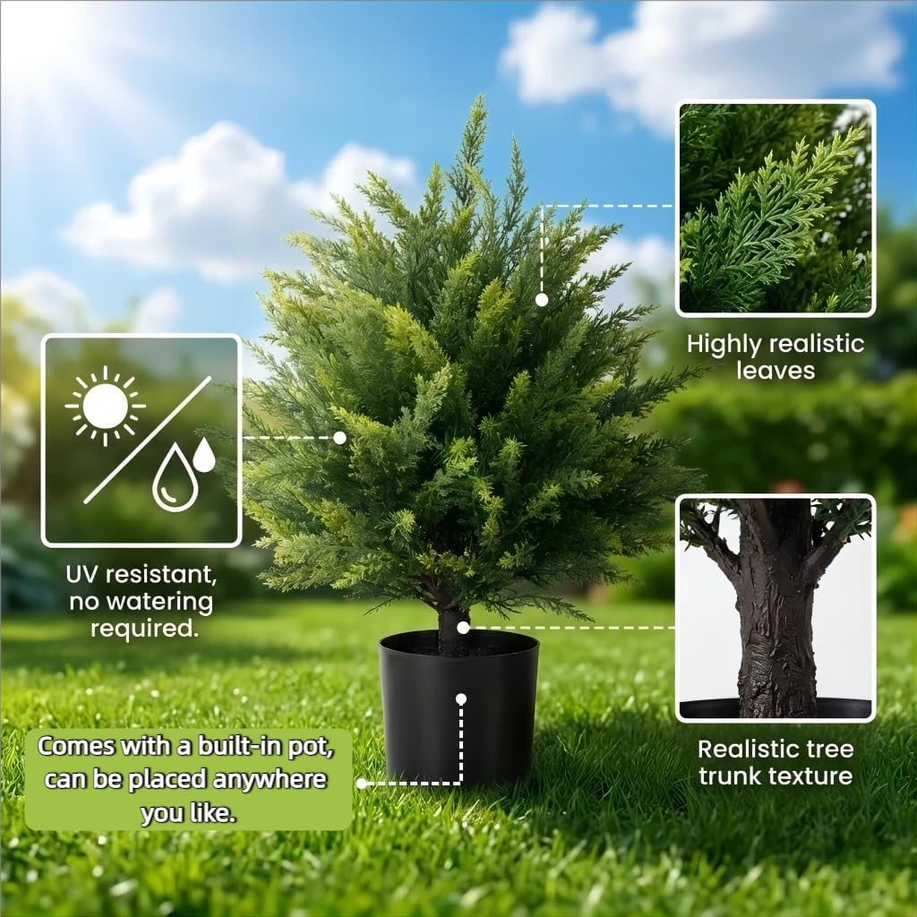 Artificial Cedar Topiary Ball Trees of 2, UV-Resistant Fake Plants for Outdoor Garden, Front Porch & Indoor Decor, Realistic Cedar Bushes with Stable Base