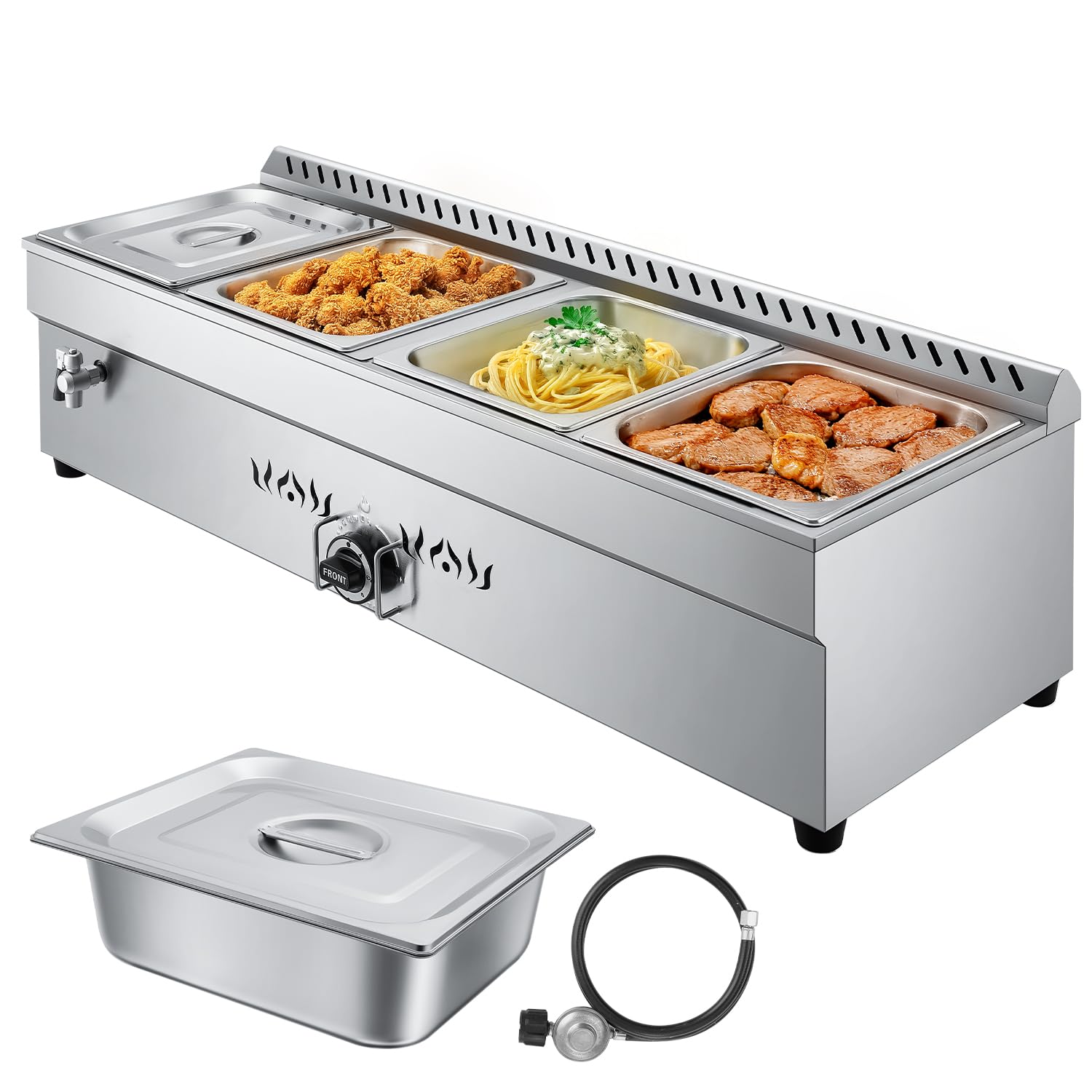 VEVOR 4-Pan Commercial Propane Steam Table, LP Gas Outdoor Soup Warmer with Drain Valve, Stainless Steel Propane Food Warmer with Adjustable Temperature, for Restaurant Party Outdoor Camping