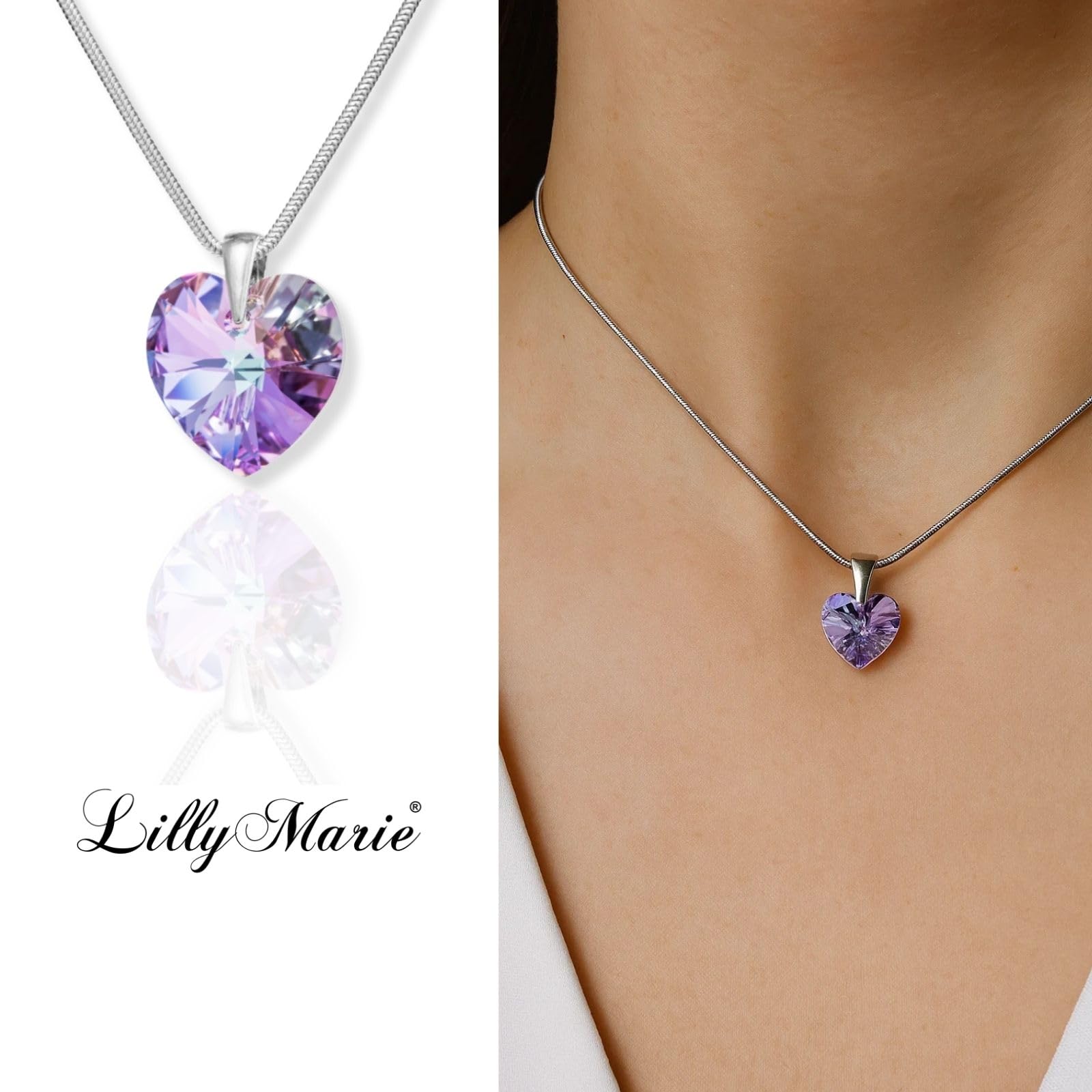 LillyMarie Collar De Mujer En Plata De Ley Con Colgante De Corazón Multicolor Violeta Y Longitud Ajustable