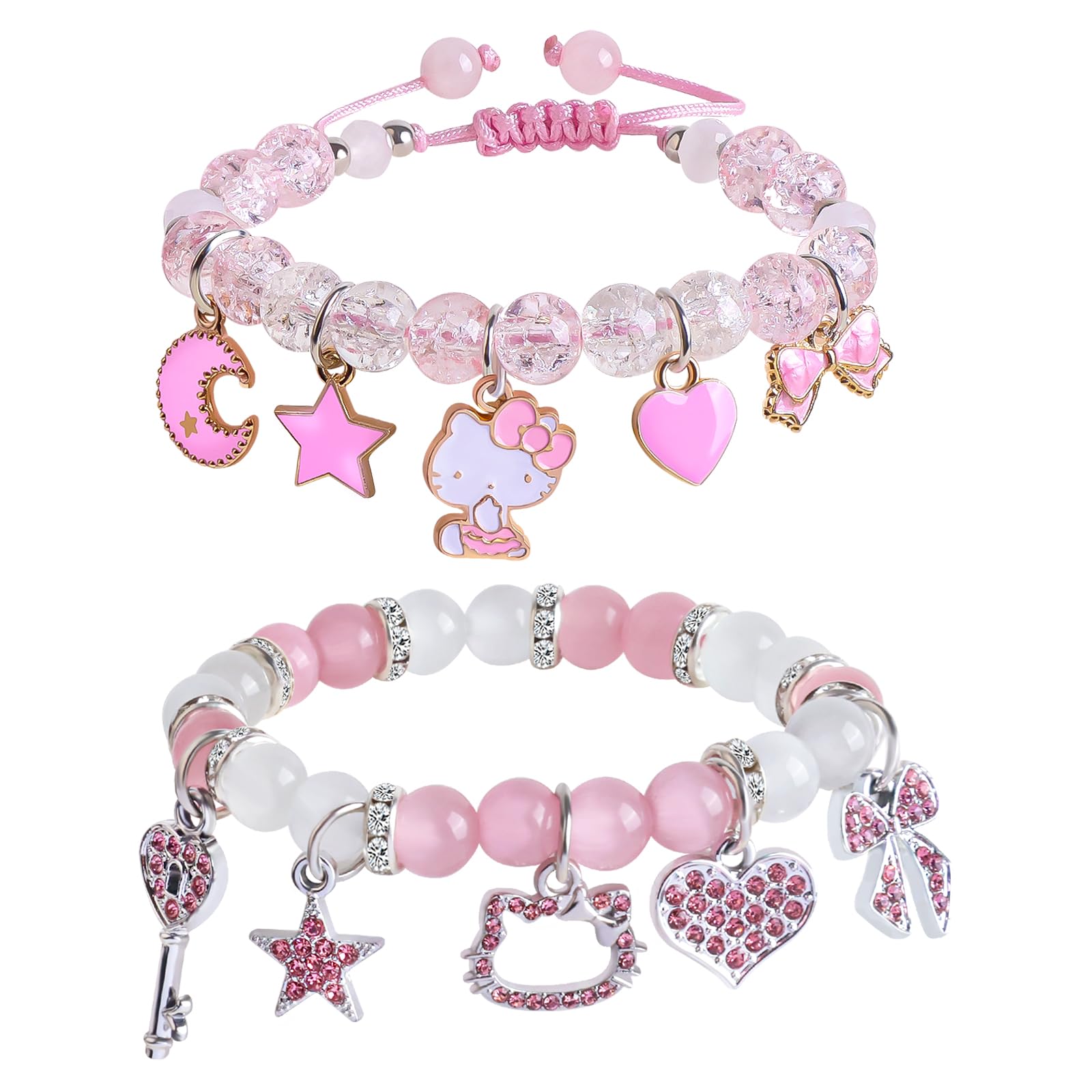 YUZHEJIE かわいいキティブレスレットスタッフかわいいセットクリスタルビーズ弾性友情ブレスレット 誕生日クリスマスジュエリーギフト 女性 ガールフレンド 親友 姉妹