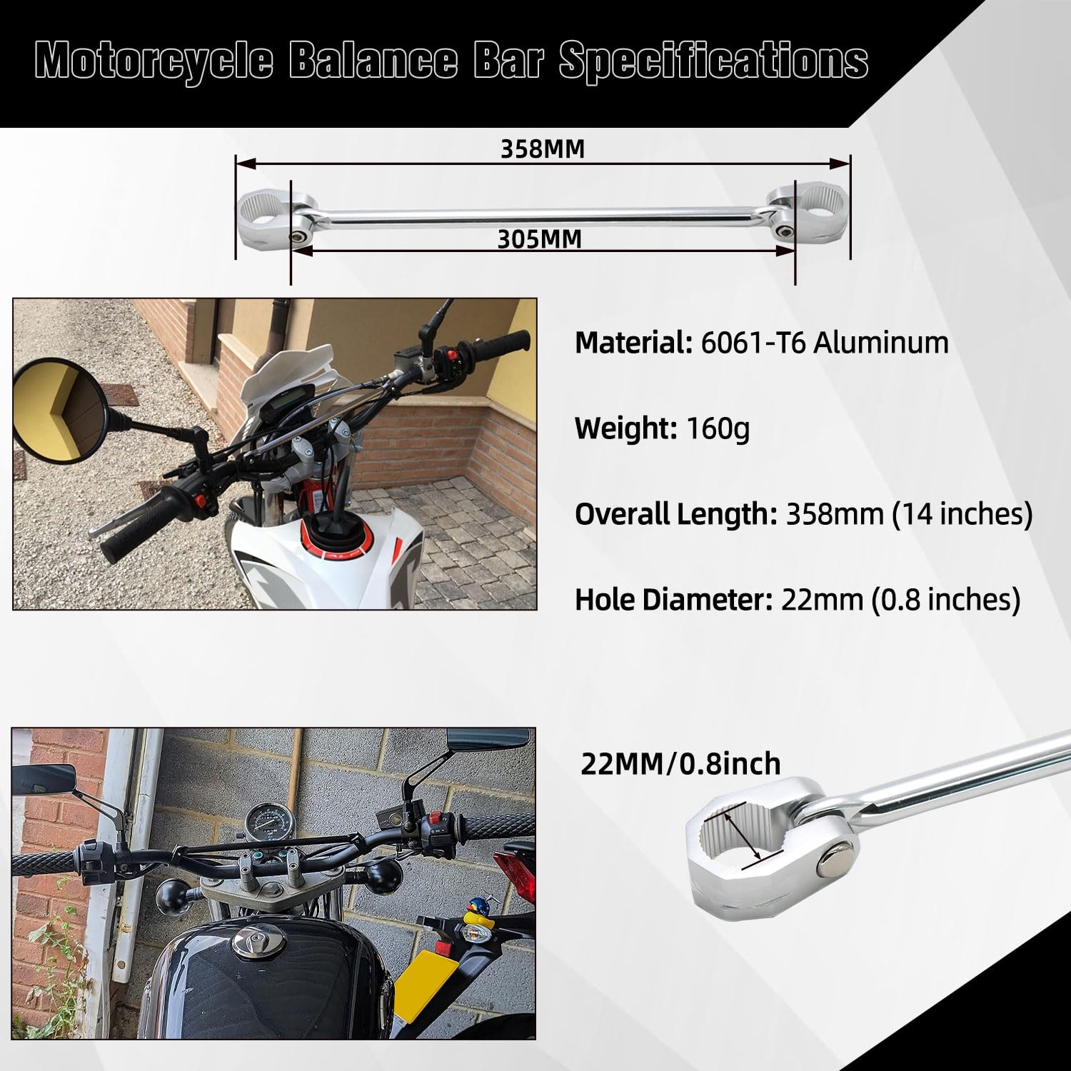 JFG RACING Lenkerstrebe für Motorrad - Verstellbare 300mm Querstrebe aus Aluminiumlegierung für 22mm Lenker - Schwarz