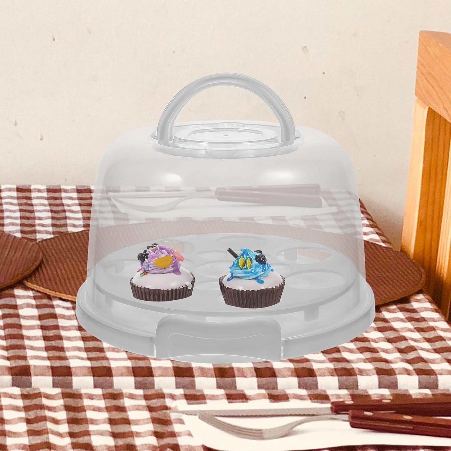 Plastic Cake Carrier with Lid and Handle 8-inch Tall Cake Storage Box with Cupcake Liners Portable Pie Carrier for Transport