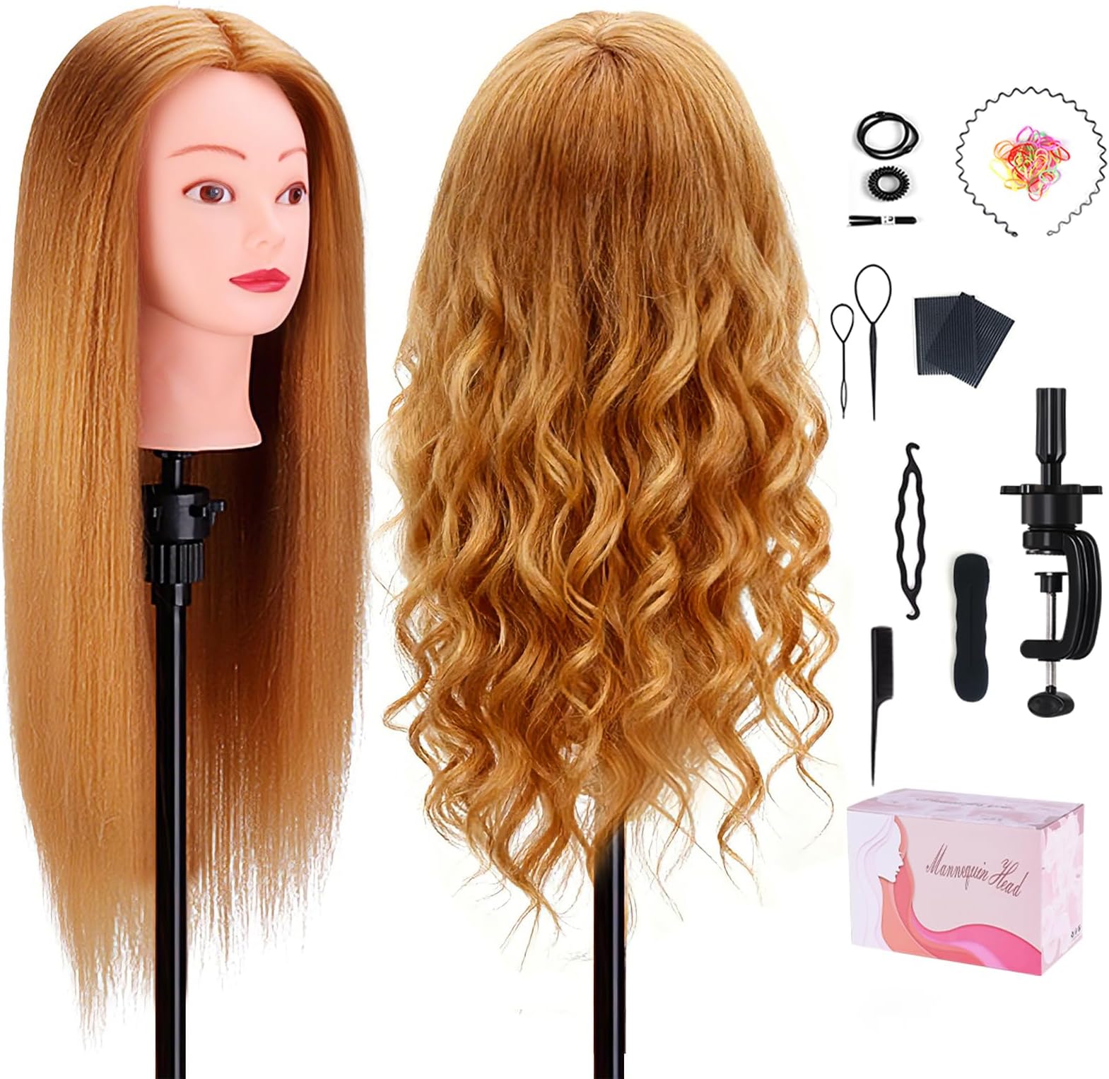 Mannequin Head with 80% Human Hair, TopDirect 24" Blonde Real Hair Cosmetology Mannequin Head Hair Styling Hairdressing Practice Training Doll Heads with Clamp Holder and Tools