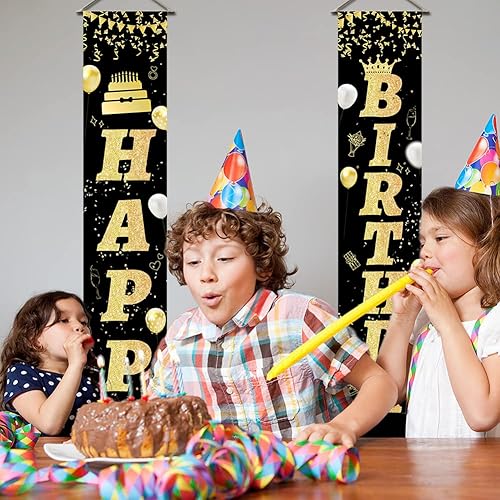 Miniatura 5 de SUPERDANT Cartel de feliz cumpleaños para porche, color negro y dorado, letrero colgante de cumpleaños, letrero de feliz cumpleaños, letrero de
