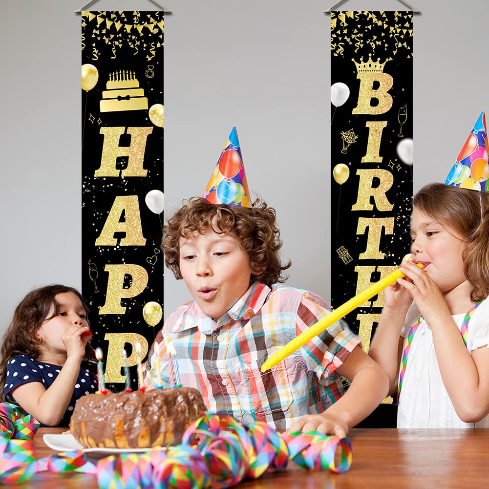 SUPERDANT Buon Compleanno Banner Nero e Oro Appeso Compleanno Portico Cartelli Buon Compleanno Yard Signs Appeso Bandiera Distico Porta Unione Bandiera Appesa per Decorazioni per Feste