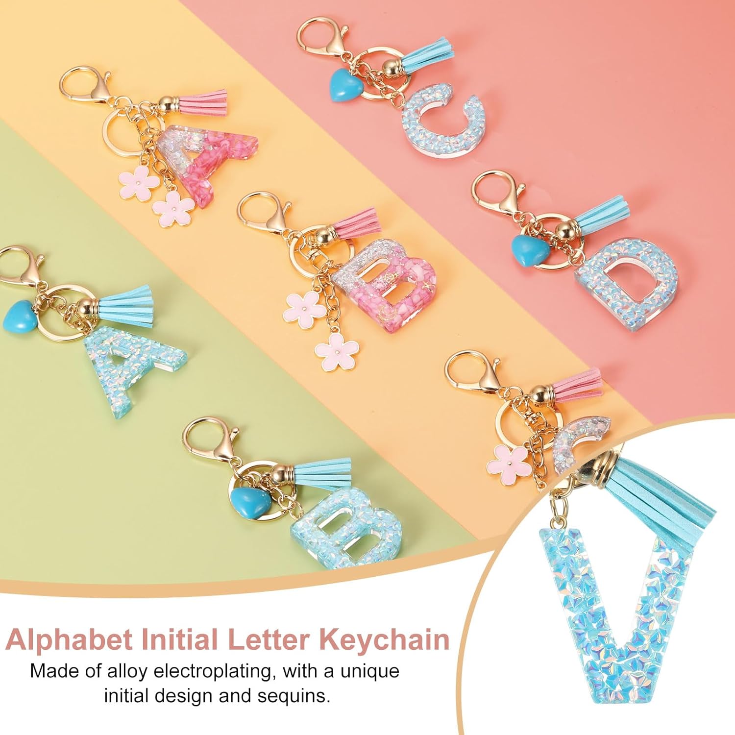 PATIKIL Alphabet Initial Letter Keychain, Resin Cute Keychains with Tassel Heart Letter V Pendant Charm for Women Key Purse Handbag Bag Accessories, Blue - Image 4