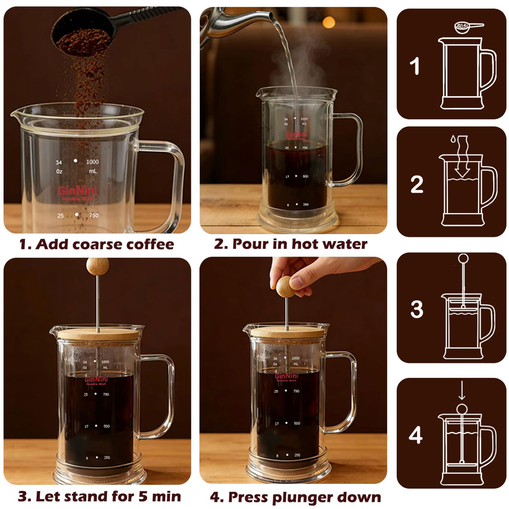GinNini French Press - 34oz Coffee Maker -7