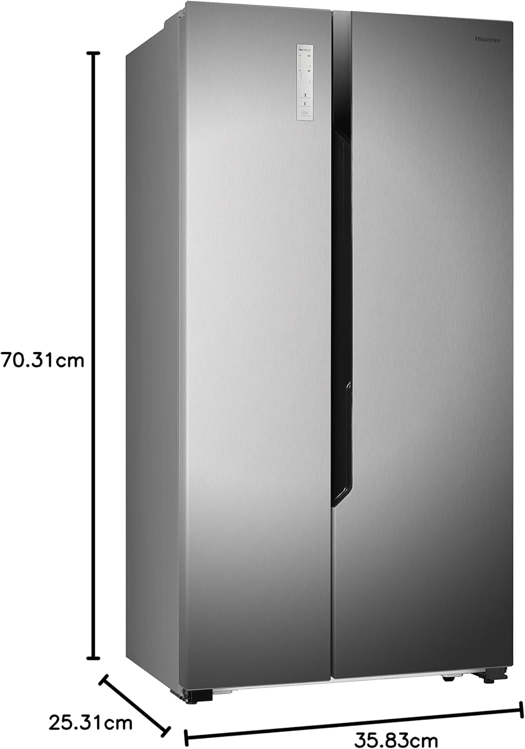 Side view of Hisense RS670N4BC2 refrigerator with dimensions