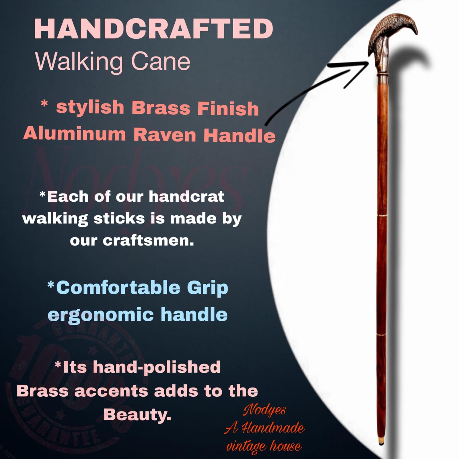 NODYES Walking Cane - Handmade,Wooden, Ergonomic, Stylish - Canes for Men, Cane for Women - Elderly Walking Sticks for Seniors, Unique, Wood (Raven)