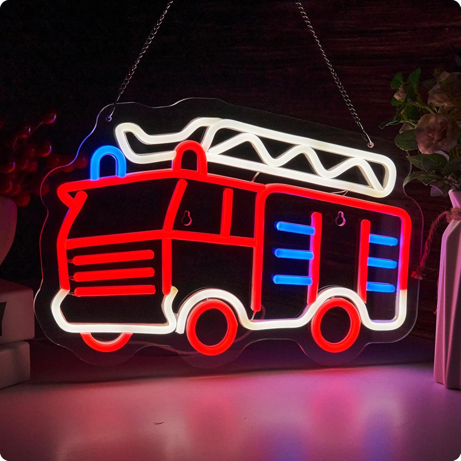 Fire Fighting Truck Neon Sign for Wall Decor Teen Room Decor Gifts for Birthday Kids Boys Playroom Decor (Red+White Fire Fighting Truck)