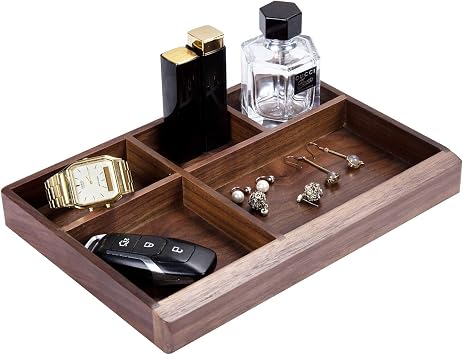 Black Walnut Multi-Functional Distressed Vintage Wooden Storage Box, Desk Organizer Tray,5 Division,Jewelry Storage