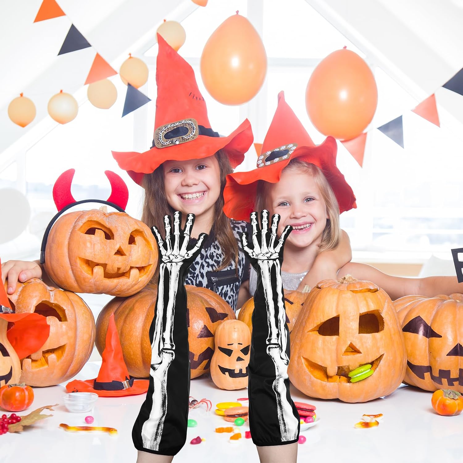 Halloween Skeleton Gloves Long Arm Full Finger Cosplay Gloves Skull Bone Pattern Black Gloves Zombie Party Costume Party Supplies/35973