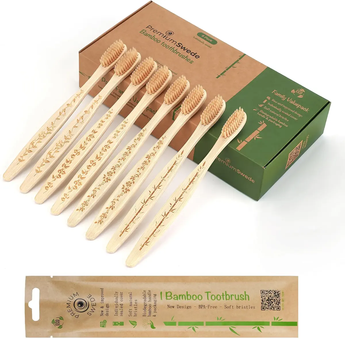 Premiumswede Bamboo Toothbrushes Soft Bristles Adult - 8 Pack Eco-Friendly Bamboo Toothbrushes Individually Wrapped - Sealed Soft Bristle Toothbrush - Biodegradable Natural Wooden Toothbrushes