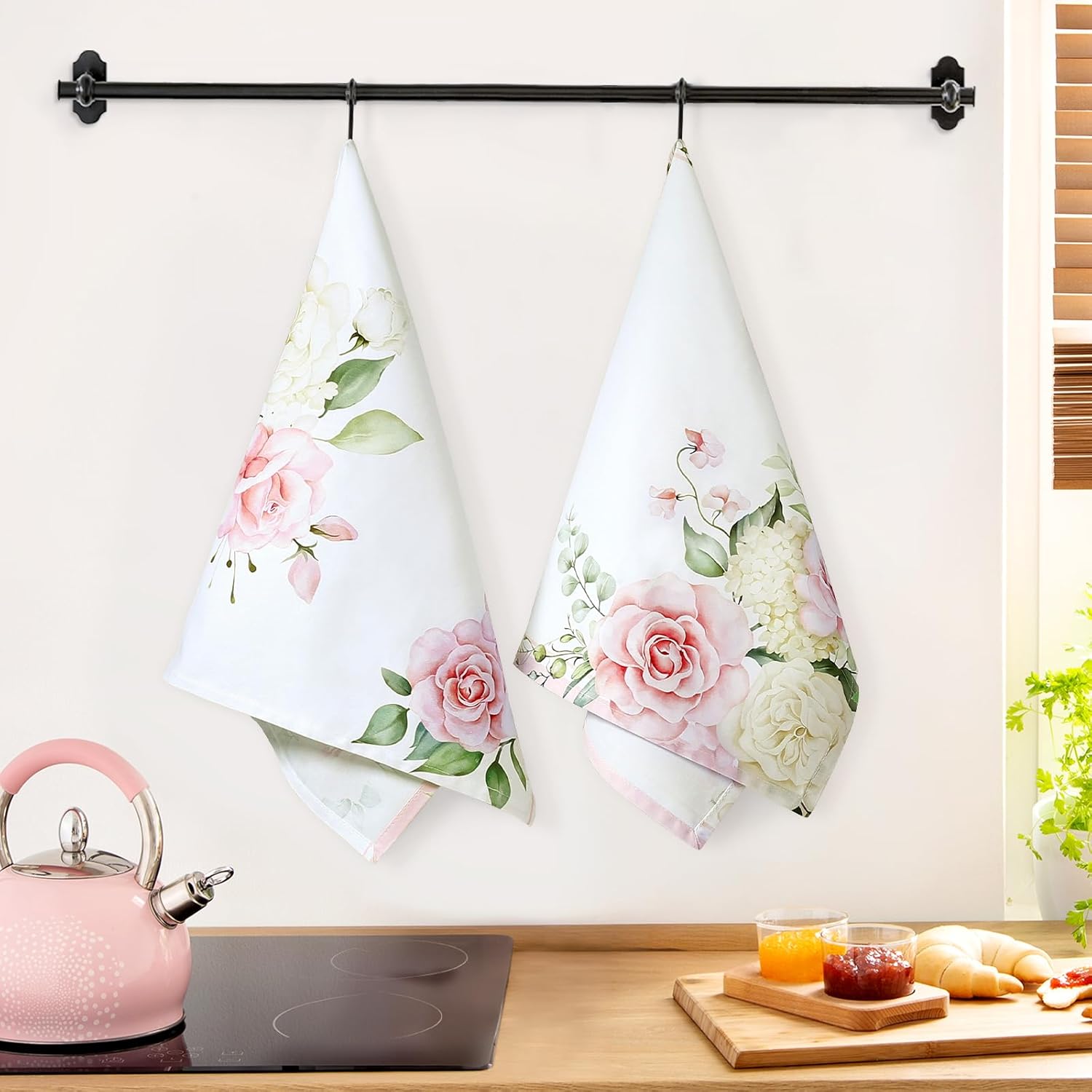 4Pcs Watercolor Flower Kitchen Tea Towels 100% Cotton Pink Floral Butterfly Hand Towels Multiple Uses Quick Dry Dish Cloth for Table, Kitchen Decor, Housewarming Gifts - Image 3