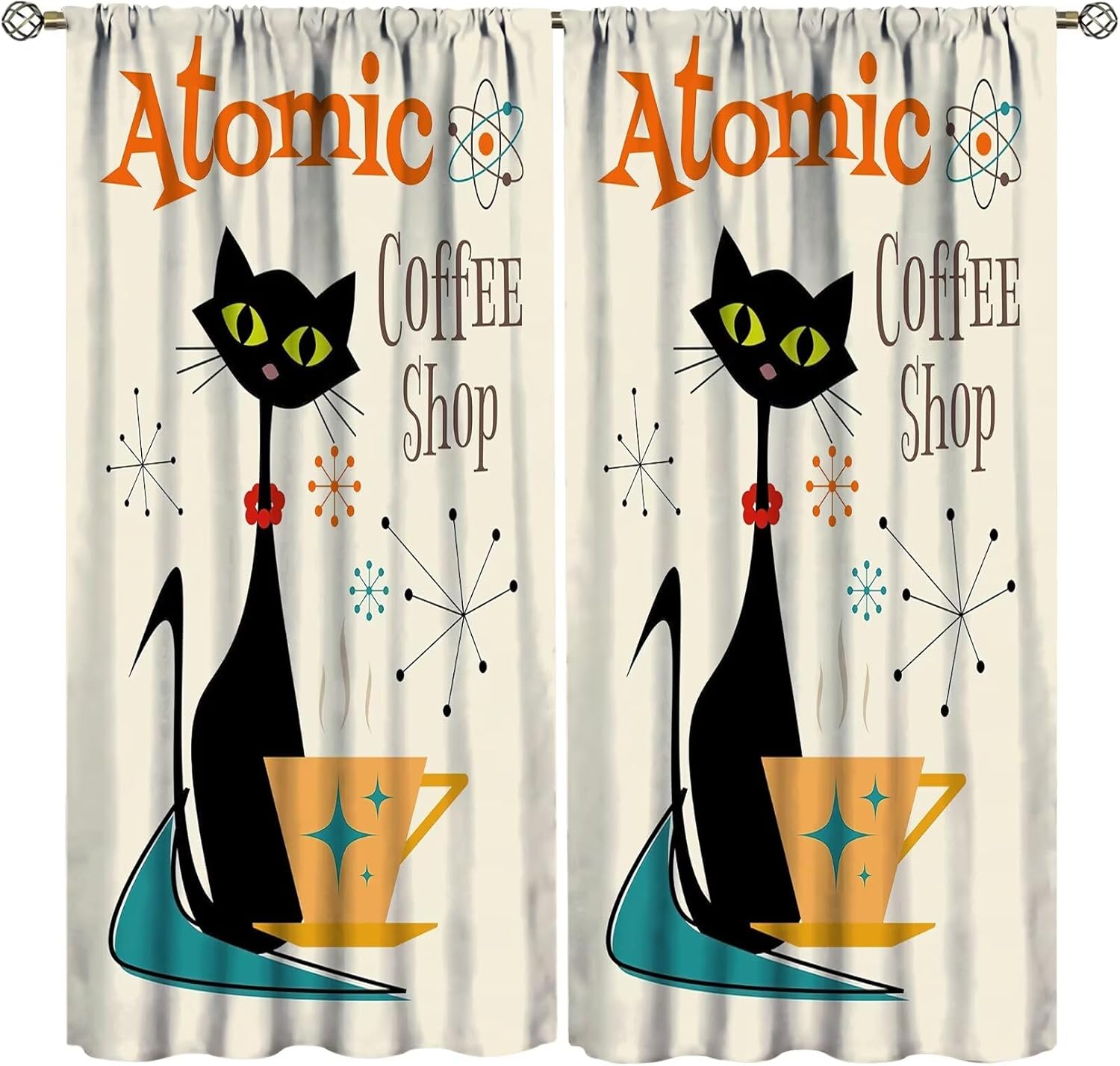 Mid Century Atomic Black Cat Curtains ​​Abstract Cute Animal Vintage Geometric Curtain with Rod Pocket for Bedroom Living Room Decor Drapes Window Treatments 2 Panels Set 42" W X 45" L