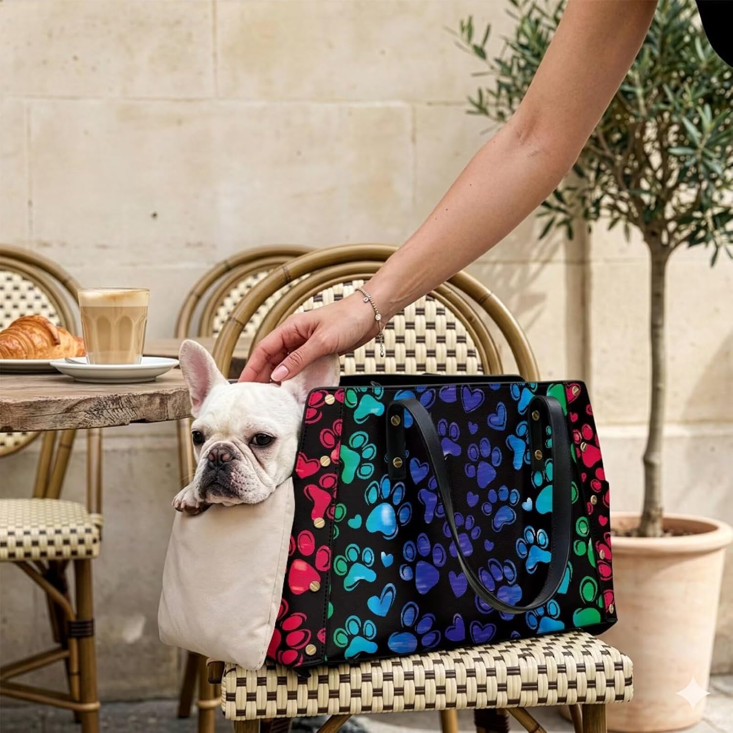 COEQINE Dog Carriers for Small Dogs 15 Ibs Rainbow Paw Prints Black Soft PU Leather Travel Sling Bag for Men Women Travel Pet Bag for Outdoor Travel Walking Hiking Shopping