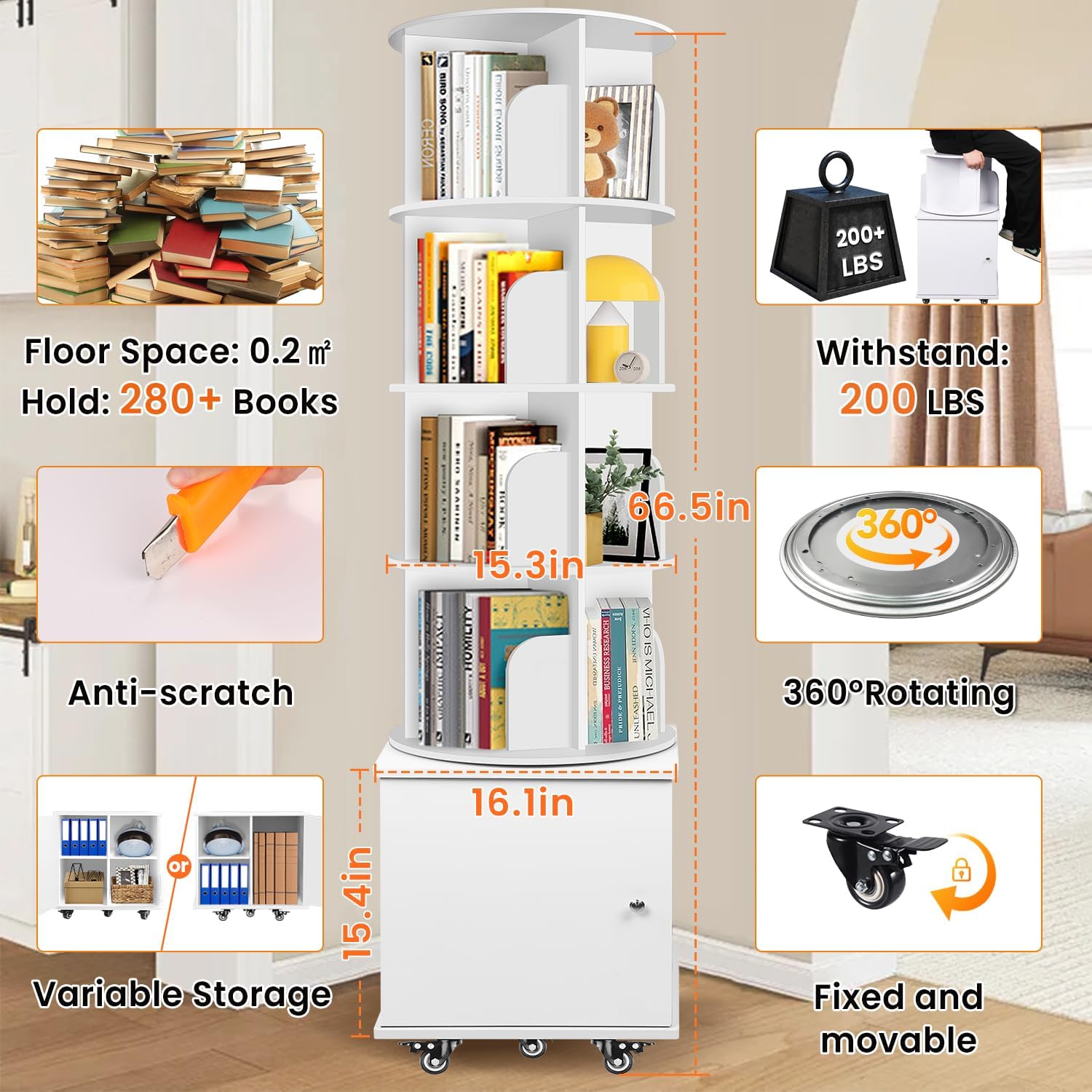 6 Tier Rotating Bookshelf Spinning Bookshelf Tower 360° Revolving Bookcase with Storage Cabinet Corner Organizer Storage Round Carousel with Wheels, White - Image 3