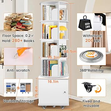RUNSUNSPRI 6 Tier Rotating Bookshelf Spinning Bookshelf Tower 360° Revolving Bookcase with Storage Cabinet Corner Organizer Storage Round Carousel with Wheels, White