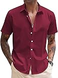 COOFANDY Men's Linen Western Short Sleeve Shirts No Tuck Wrinkle Free Big and Tall Shirt Crimson