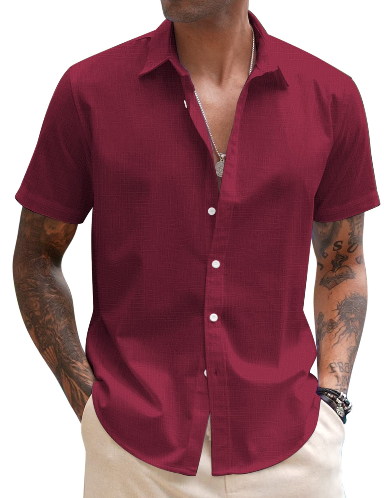 COOFANDY Men's Linen Casual Short Sleeve Shirt Button Down Summer Beach Wedding Shirts