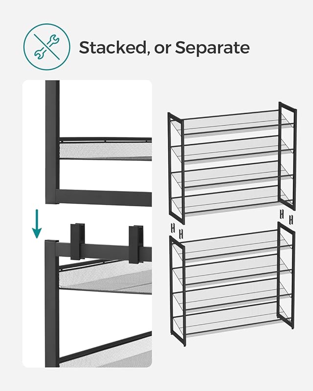 SONGMICS Shoe Rack, 8-Tier Shoe Organizer, Metal Rack for Garage, Set of 2, 4-Tier Stackable Shelf, with Adjustable Flat or Angled Shelves, 32-40 Pairs, Ink Black ULMR08B 8 Tiers (36.4"W) Ink Black