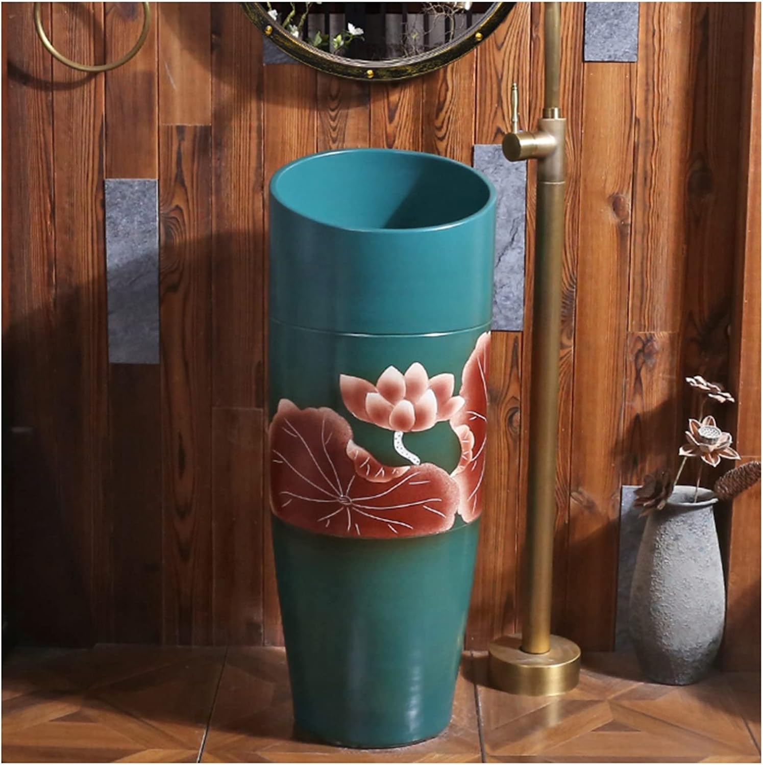 Pedestal Sink 16"X16" Bathroom Basin Sink, Kaolin Clay Pedestal Sink Round Freestanding Sink for Indoor and Outdoor,A,with Mirror (F Without Mirror)
