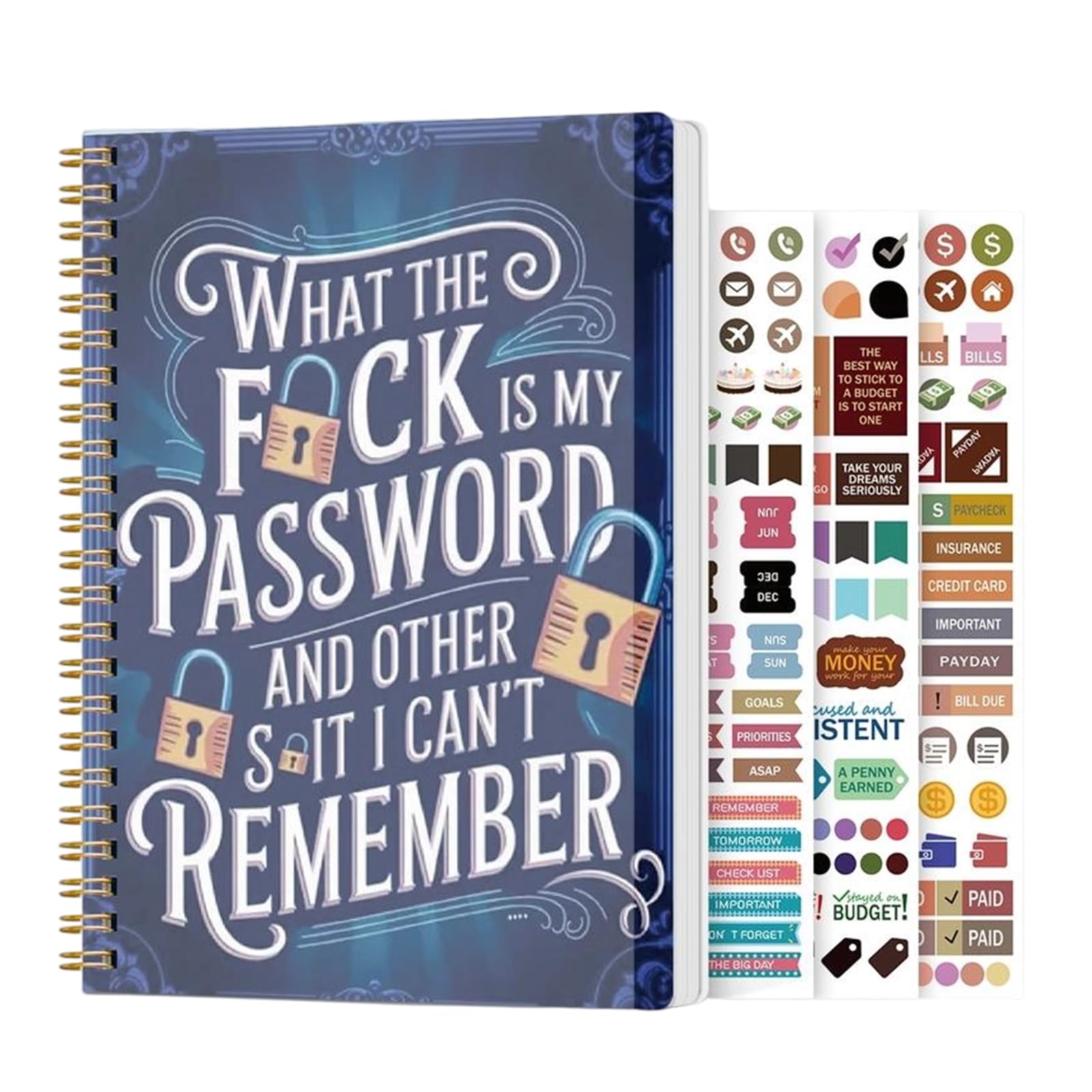 Funny Password Notebook, Spiral-Bound Password Organizer with Lock Icons, Sarcastic Internet Password Log Book for Adults, Funny Security Phrase Password Keeper with Stickers (Blue)